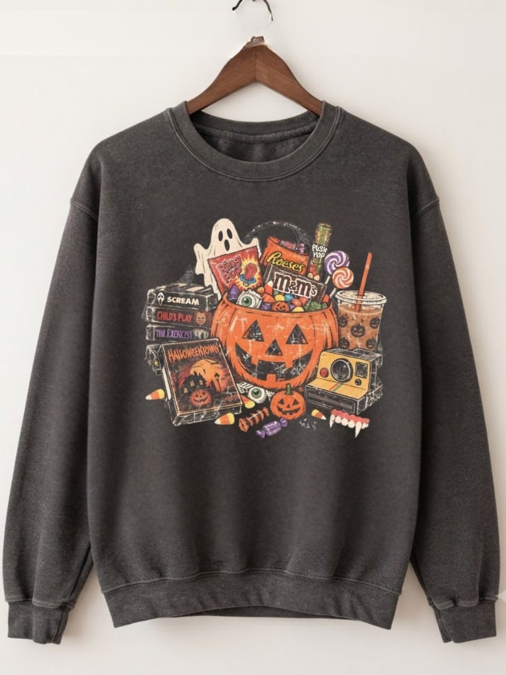 Charcoal Halloween Pumpkin Candy Graphic Crewneck Sweatshirt